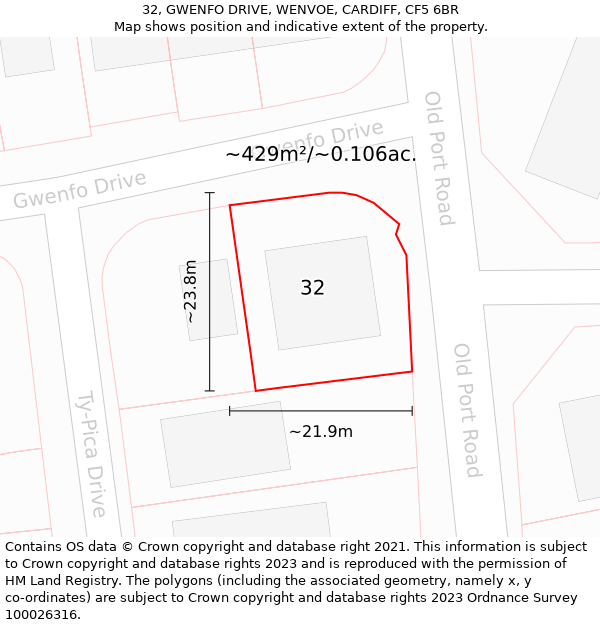 32, GWENFO DRIVE, WENVOE, CARDIFF, CF5 6BR: Plot and title map