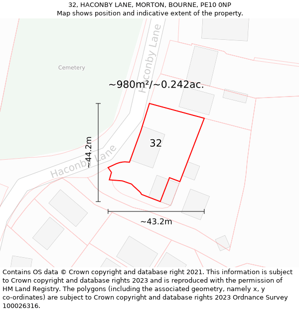 32, HACONBY LANE, MORTON, BOURNE, PE10 0NP: Plot and title map