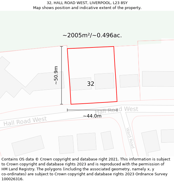32, HALL ROAD WEST, LIVERPOOL, L23 8SY: Plot and title map
