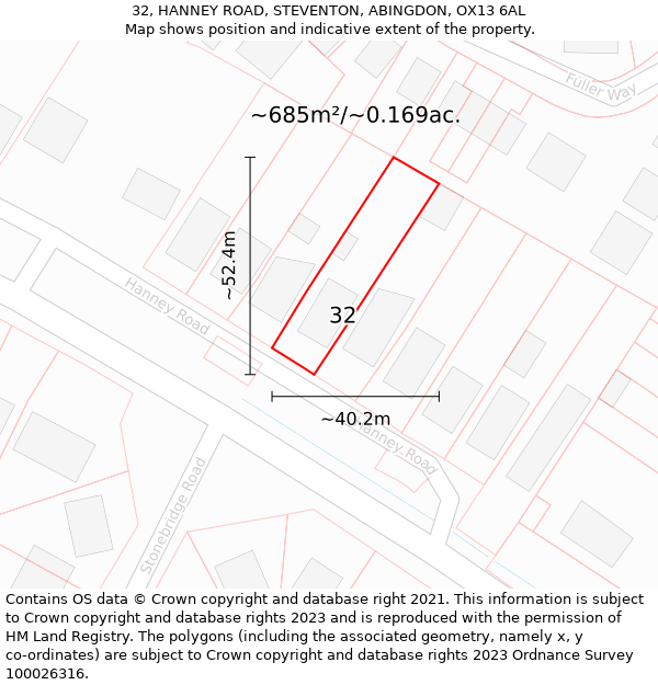 32, HANNEY ROAD, STEVENTON, ABINGDON, OX13 6AL: Plot and title map