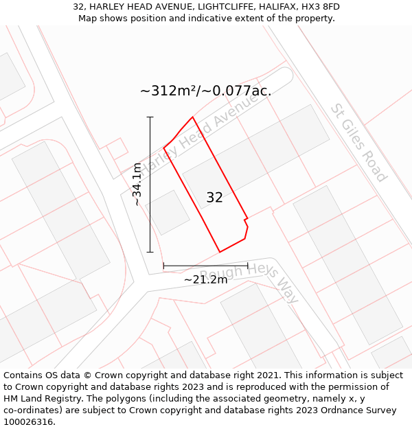 32, HARLEY HEAD AVENUE, LIGHTCLIFFE, HALIFAX, HX3 8FD: Plot and title map