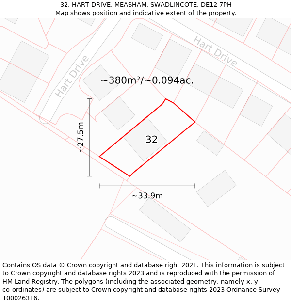 32, HART DRIVE, MEASHAM, SWADLINCOTE, DE12 7PH: Plot and title map