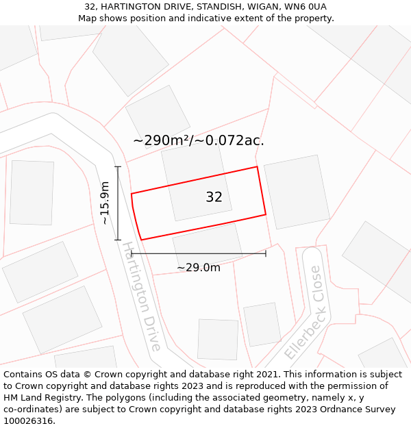 32, HARTINGTON DRIVE, STANDISH, WIGAN, WN6 0UA: Plot and title map