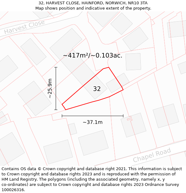 32, HARVEST CLOSE, HAINFORD, NORWICH, NR10 3TA: Plot and title map