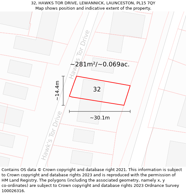 32, HAWKS TOR DRIVE, LEWANNICK, LAUNCESTON, PL15 7QY: Plot and title map