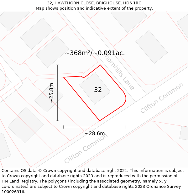 32, HAWTHORN CLOSE, BRIGHOUSE, HD6 1RG: Plot and title map