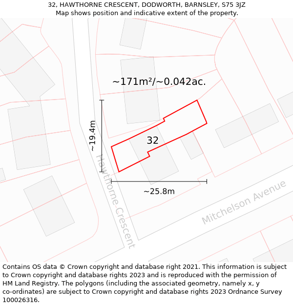 32, HAWTHORNE CRESCENT, DODWORTH, BARNSLEY, S75 3JZ: Plot and title map