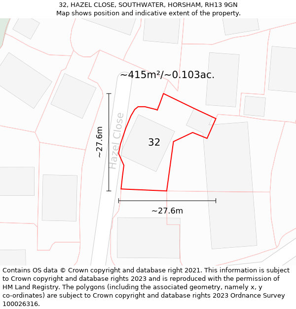 32, HAZEL CLOSE, SOUTHWATER, HORSHAM, RH13 9GN: Plot and title map