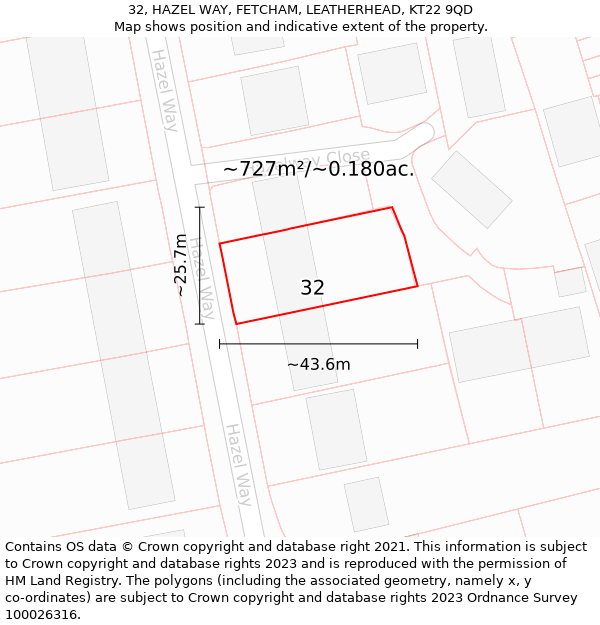 32, HAZEL WAY, FETCHAM, LEATHERHEAD, KT22 9QD: Plot and title map