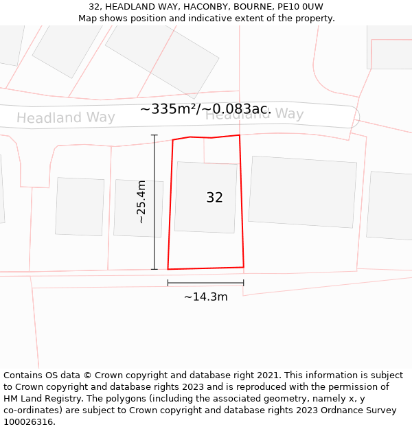 32, HEADLAND WAY, HACONBY, BOURNE, PE10 0UW: Plot and title map