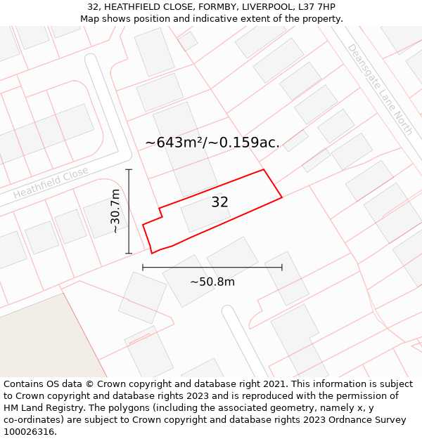 32, HEATHFIELD CLOSE, FORMBY, LIVERPOOL, L37 7HP: Plot and title map