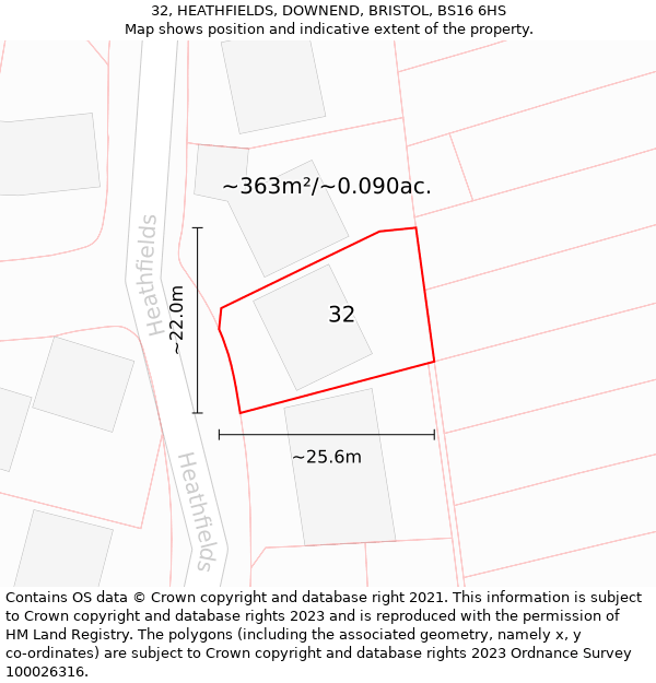 32, HEATHFIELDS, DOWNEND, BRISTOL, BS16 6HS: Plot and title map