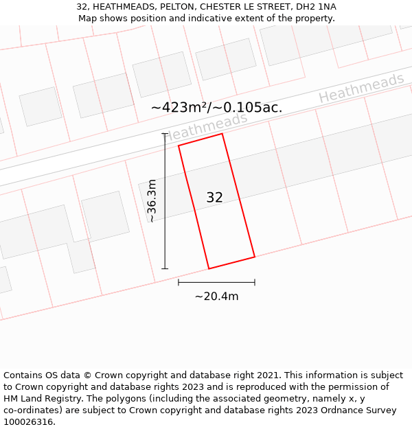 32, HEATHMEADS, PELTON, CHESTER LE STREET, DH2 1NA: Plot and title map