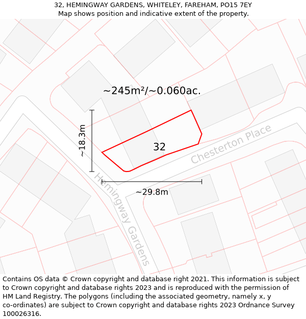 32, HEMINGWAY GARDENS, WHITELEY, FAREHAM, PO15 7EY: Plot and title map