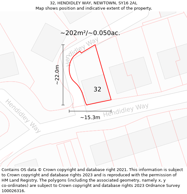 32, HENDIDLEY WAY, NEWTOWN, SY16 2AL: Plot and title map