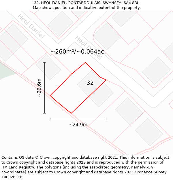 32, HEOL DANIEL, PONTARDDULAIS, SWANSEA, SA4 8BL: Plot and title map