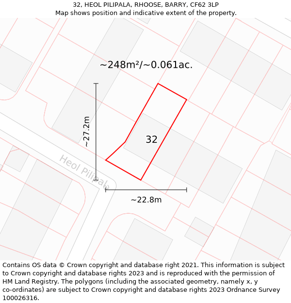 32, HEOL PILIPALA, RHOOSE, BARRY, CF62 3LP: Plot and title map