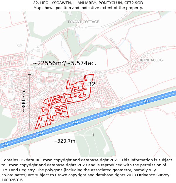 32, HEOL YSGAWEN, LLANHARRY, PONTYCLUN, CF72 9GD: Plot and title map