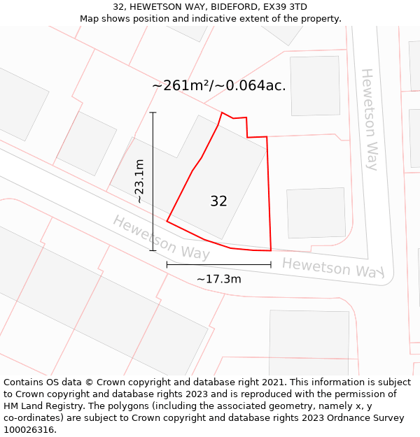 32, HEWETSON WAY, BIDEFORD, EX39 3TD: Plot and title map