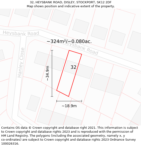 32, HEYSBANK ROAD, DISLEY, STOCKPORT, SK12 2DF: Plot and title map