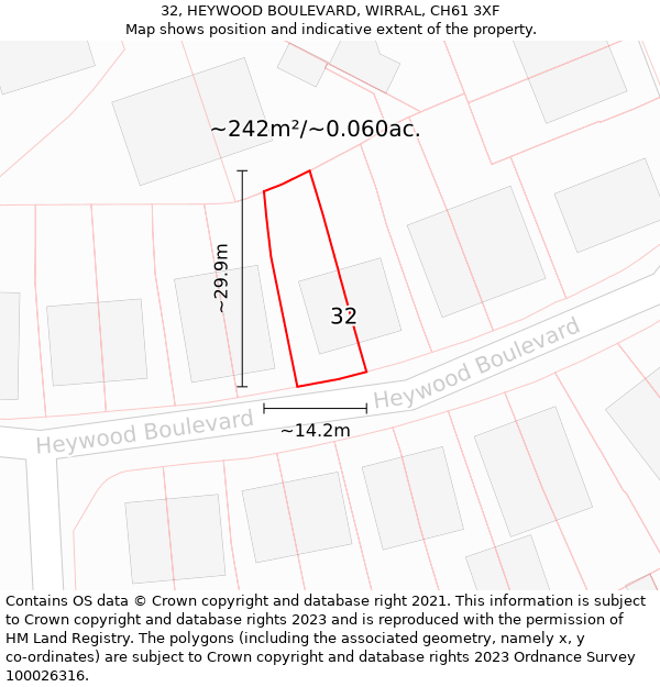 32, HEYWOOD BOULEVARD, WIRRAL, CH61 3XF: Plot and title map