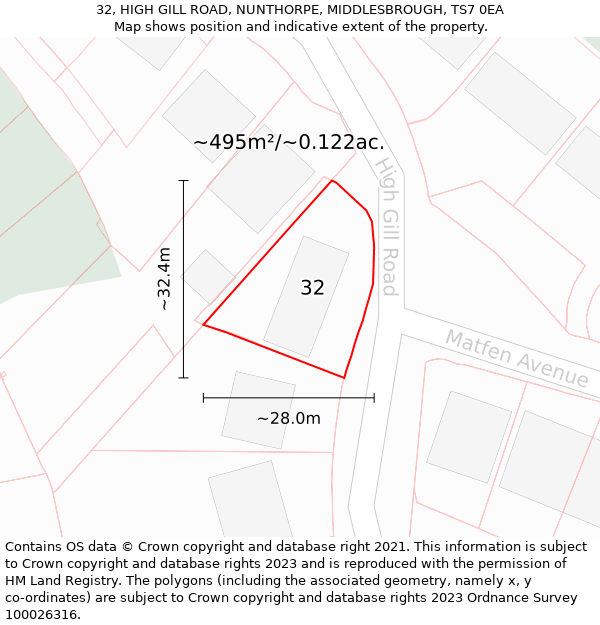 32, HIGH GILL ROAD, NUNTHORPE, MIDDLESBROUGH, TS7 0EA: Plot and title map