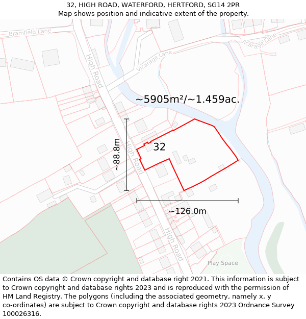 32, HIGH ROAD, WATERFORD, HERTFORD, SG14 2PR: Plot and title map