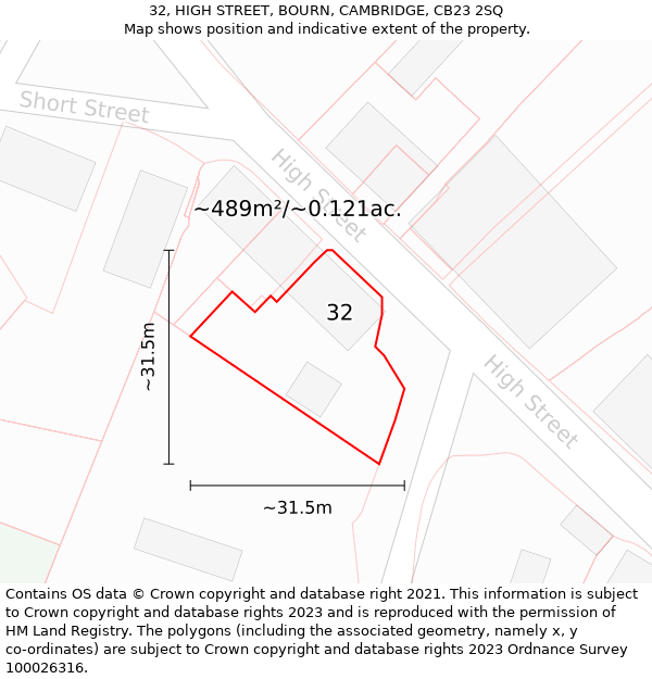 32, HIGH STREET, BOURN, CAMBRIDGE, CB23 2SQ: Plot and title map