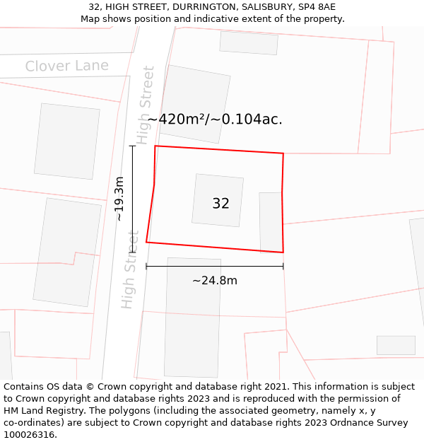 32, HIGH STREET, DURRINGTON, SALISBURY, SP4 8AE: Plot and title map