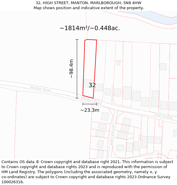 32, HIGH STREET, MANTON, MARLBOROUGH, SN8 4HW: Plot and title map