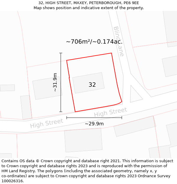 32, HIGH STREET, MAXEY, PETERBOROUGH, PE6 9EE: Plot and title map