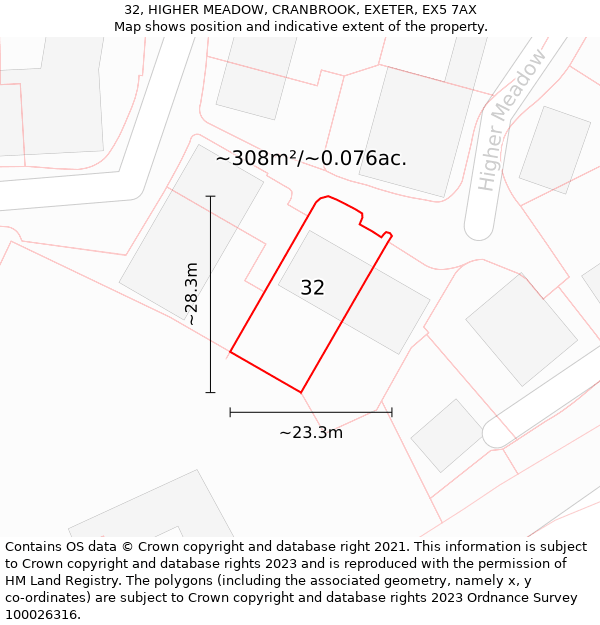 32, HIGHER MEADOW, CRANBROOK, EXETER, EX5 7AX: Plot and title map