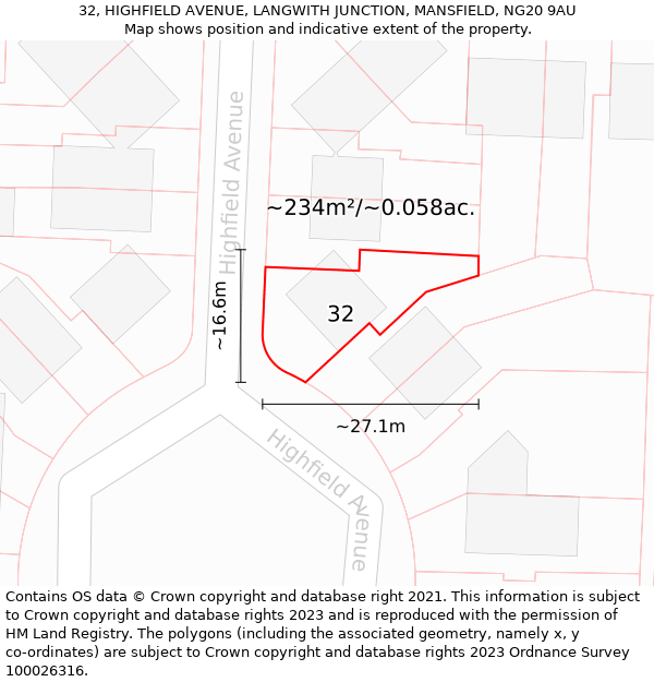 32, HIGHFIELD AVENUE, LANGWITH JUNCTION, MANSFIELD, NG20 9AU: Plot and title map