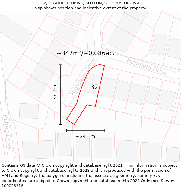 32, HIGHFIELD DRIVE, ROYTON, OLDHAM, OL2 6AF: Plot and title map