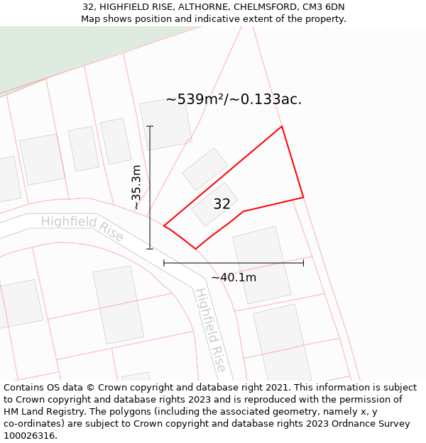 32, HIGHFIELD RISE, ALTHORNE, CHELMSFORD, CM3 6DN: Plot and title map