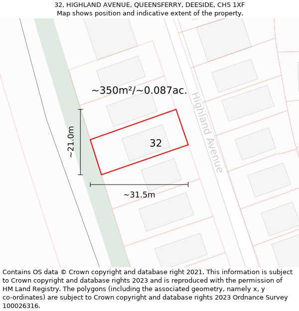 32, HIGHLAND AVENUE, QUEENSFERRY, DEESIDE, CH5 1XF: Plot and title map