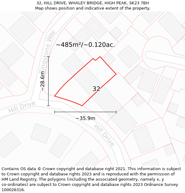 32, HILL DRIVE, WHALEY BRIDGE, HIGH PEAK, SK23 7BH: Plot and title map