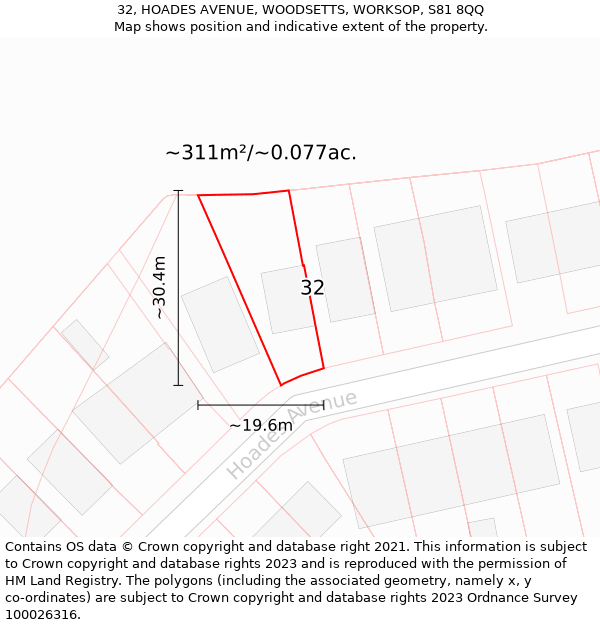 32, HOADES AVENUE, WOODSETTS, WORKSOP, S81 8QQ: Plot and title map