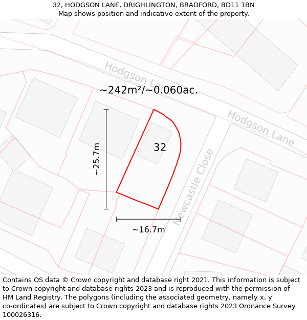 32, HODGSON LANE, DRIGHLINGTON, BRADFORD, BD11 1BN: Plot and title map