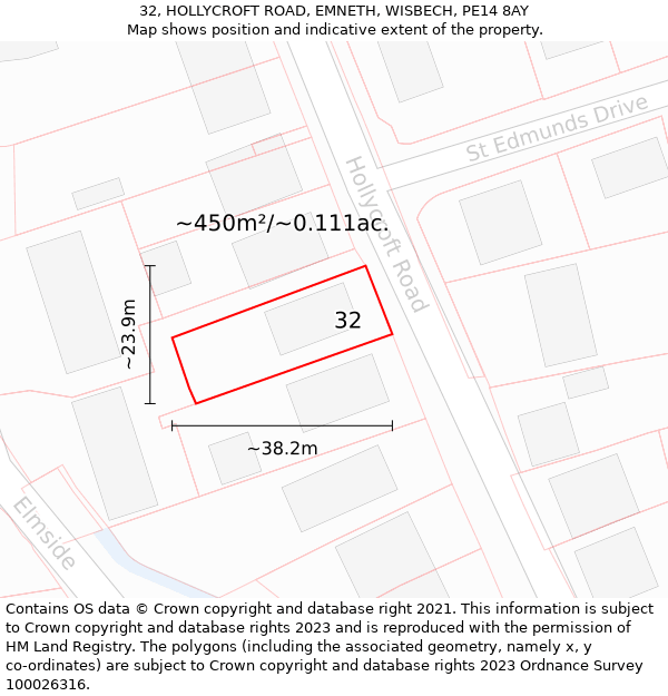 32, HOLLYCROFT ROAD, EMNETH, WISBECH, PE14 8AY: Plot and title map