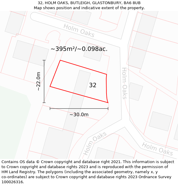 32, HOLM OAKS, BUTLEIGH, GLASTONBURY, BA6 8UB: Plot and title map