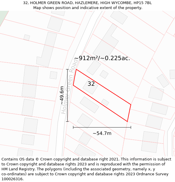 32, HOLMER GREEN ROAD, HAZLEMERE, HIGH WYCOMBE, HP15 7BL: Plot and title map