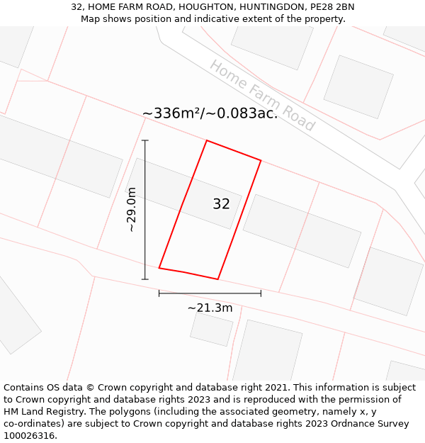 32, HOME FARM ROAD, HOUGHTON, HUNTINGDON, PE28 2BN: Plot and title map