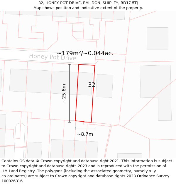 32, HONEY POT DRIVE, BAILDON, SHIPLEY, BD17 5TJ: Plot and title map