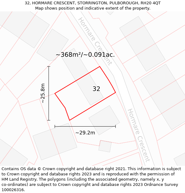 32, HORMARE CRESCENT, STORRINGTON, PULBOROUGH, RH20 4QT: Plot and title map