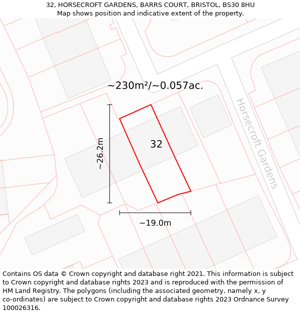 32, HORSECROFT GARDENS, BARRS COURT, BRISTOL, BS30 8HU: Plot and title map