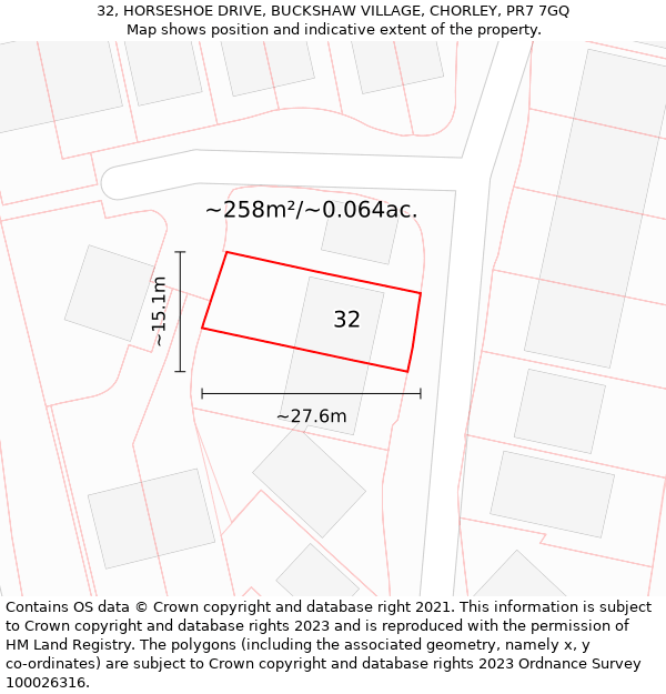 32, HORSESHOE DRIVE, BUCKSHAW VILLAGE, CHORLEY, PR7 7GQ: Plot and title map