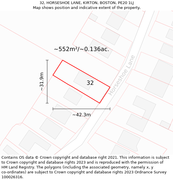 32, HORSESHOE LANE, KIRTON, BOSTON, PE20 1LJ: Plot and title map