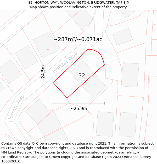 32, HORTON WAY, WOOLAVINGTON, BRIDGWATER, TA7 8JP: Plot and title map