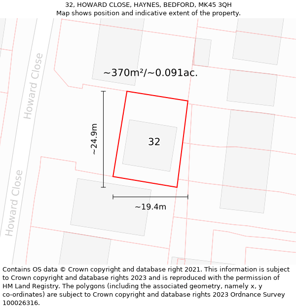 32, HOWARD CLOSE, HAYNES, BEDFORD, MK45 3QH: Plot and title map